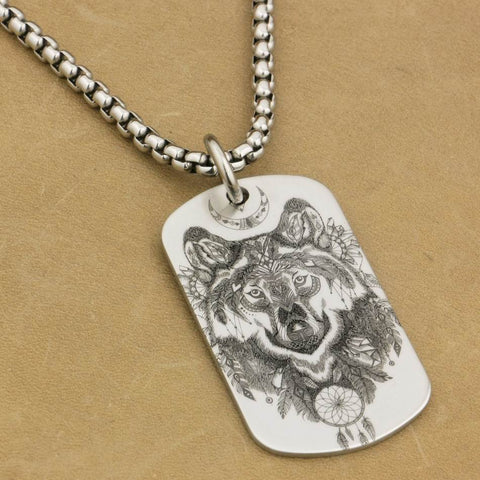 Laser Engraved Indian Wolf Necklace