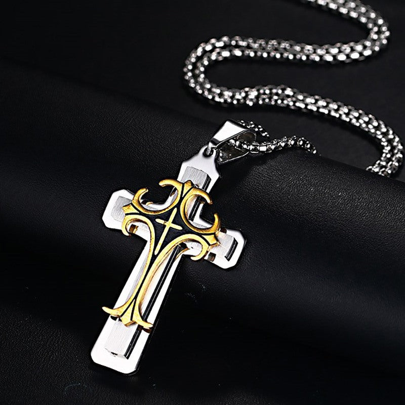 Men's Stainless Steel Fleur-de-lis Cross Pendant Necklace