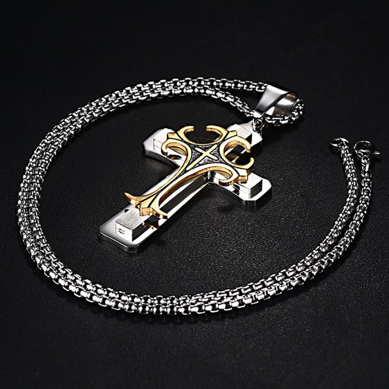 Men's Stainless Steel Fleur-de-lis Cross Pendant Necklace