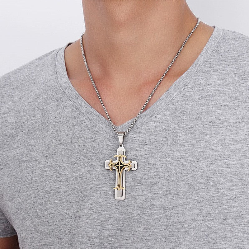 Men's Stainless Steel Fleur-de-lis Cross Pendant Necklace