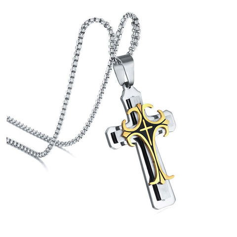 Men's Stainless Steel Fleur-de-lis Cross Pendant Necklace